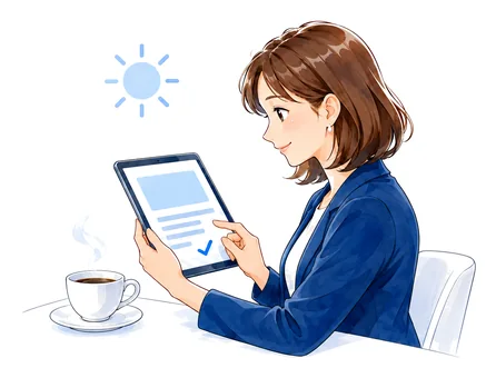 朝、担当者がタブレットで届いた記事を確認している