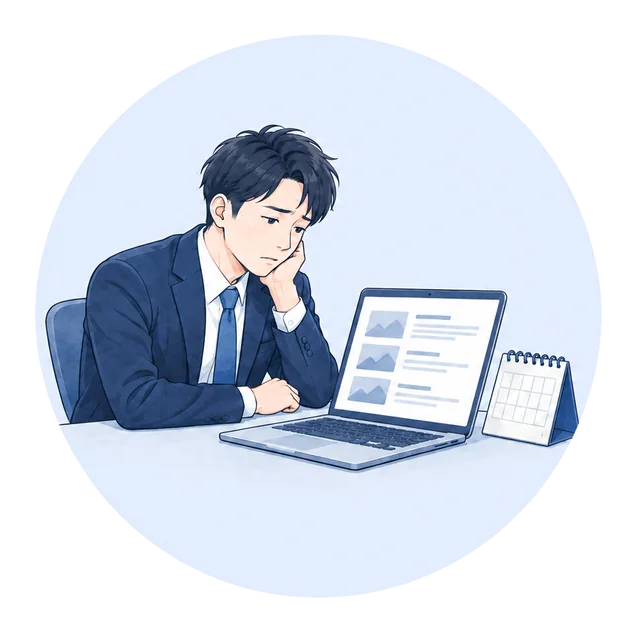 更新が止まったブログの画面を前に、肩を落とす担当者