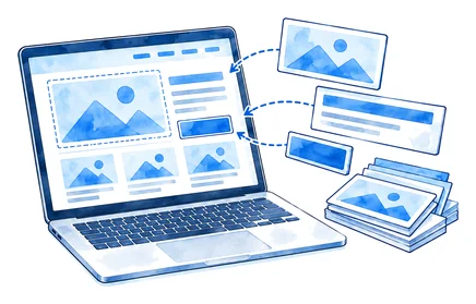 パソコンの画面で、Webサイトが組み立てられていく