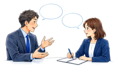 テーブルをはさんで、向かい合って話す2人