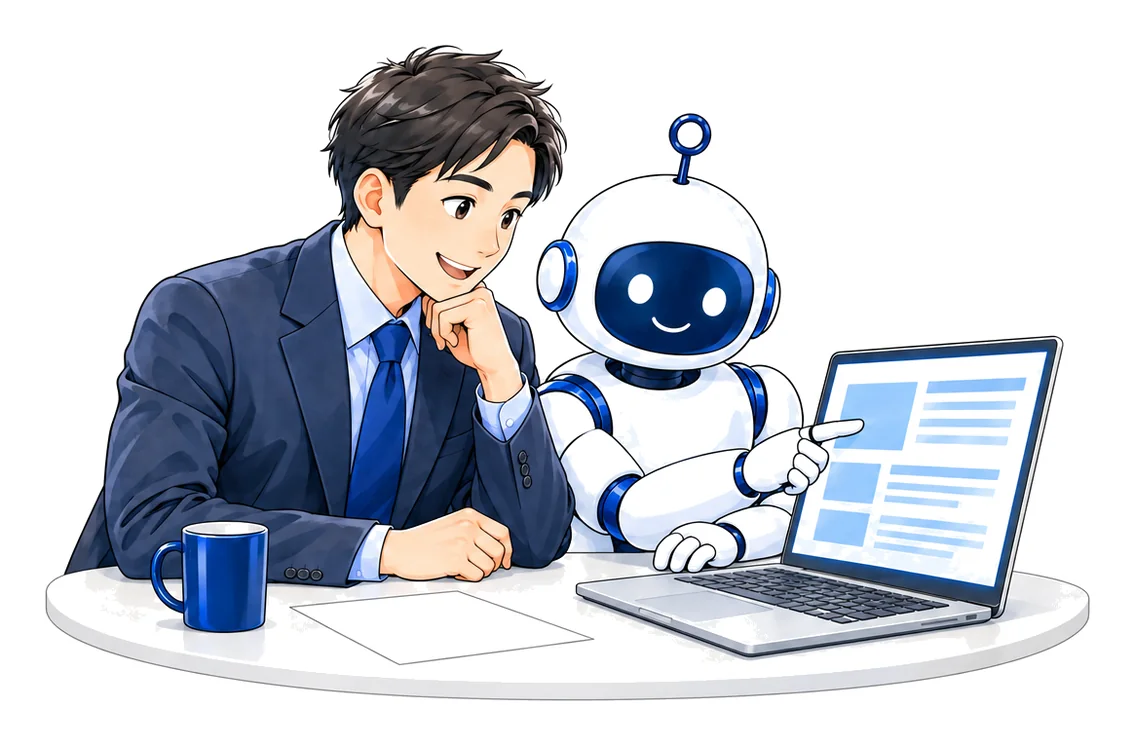 担当者とAI社員が並んで、パソコンの記事を確認している