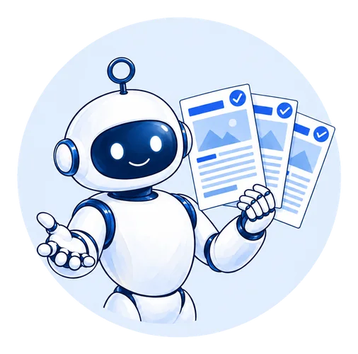 AI社員が、できあがった記事3本を広げて見せている