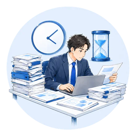 時計と書類の山に囲まれ、書く時間が取れない担当者