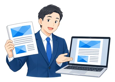 紙の冊子とPDFを、パソコンの画面に並べて見せている