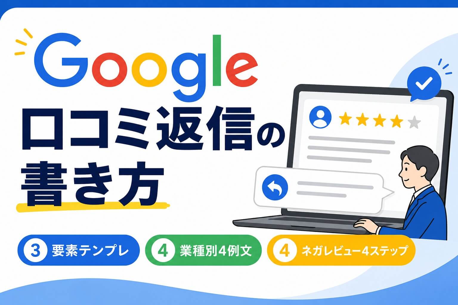 Google口コミ返信の書き方|3要素テンプレ+業種別4例文とネガレビュー4ステップ