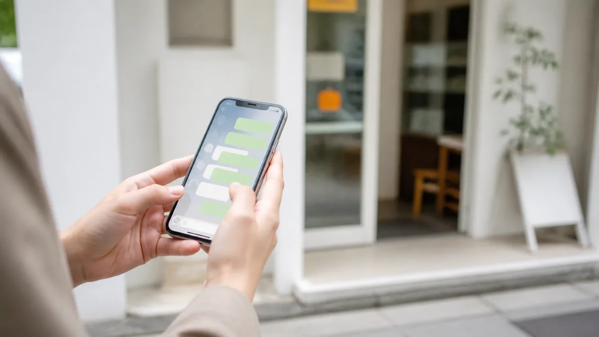 スマートフォンでLINE公式アカウントの自動応答メッセージを受け取る客の手元