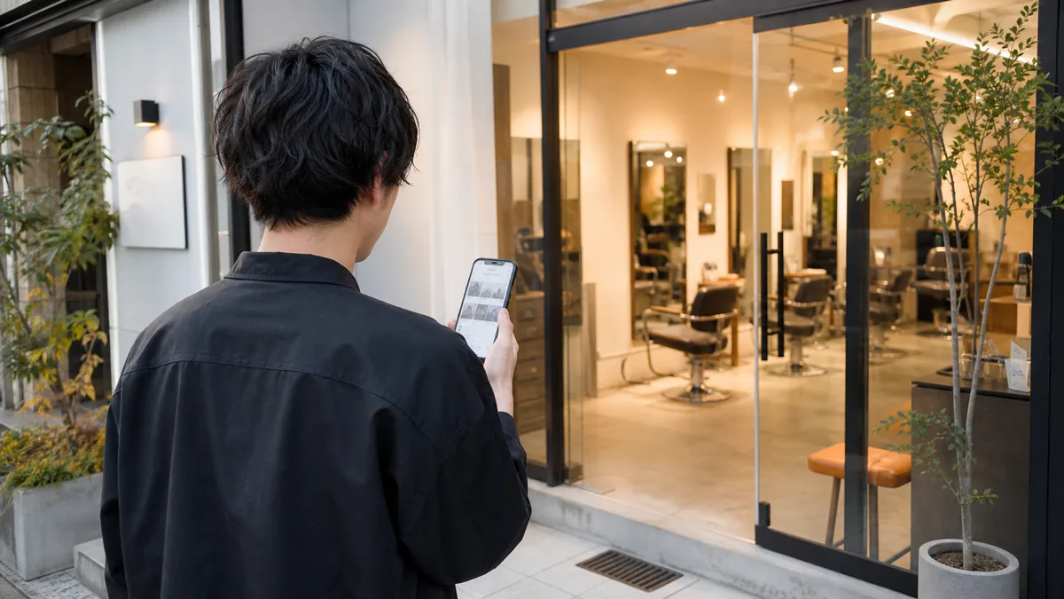 美容室の店先でスタッフがGoogleビジネスプロフィールの投稿画面を操作している後ろ姿
