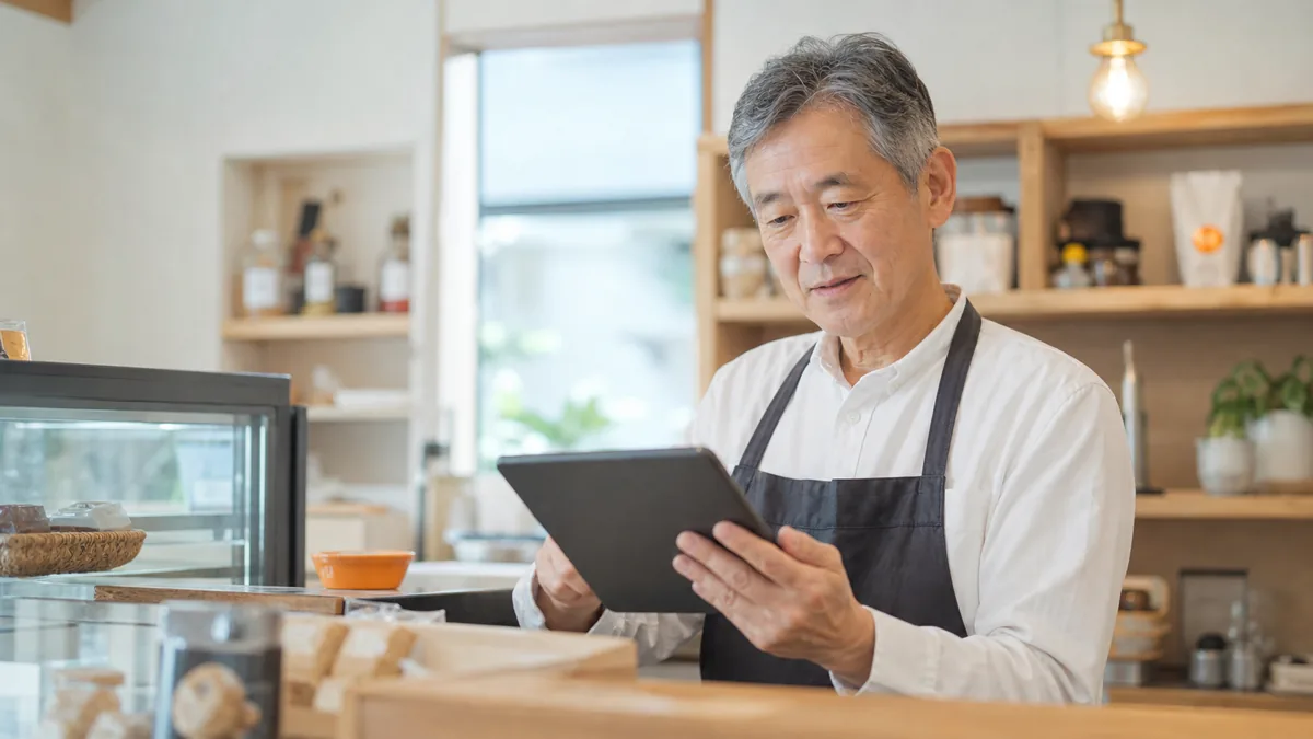 店舗カウンターでタブレットを使いAI検索での自社の見え方を確認する店主