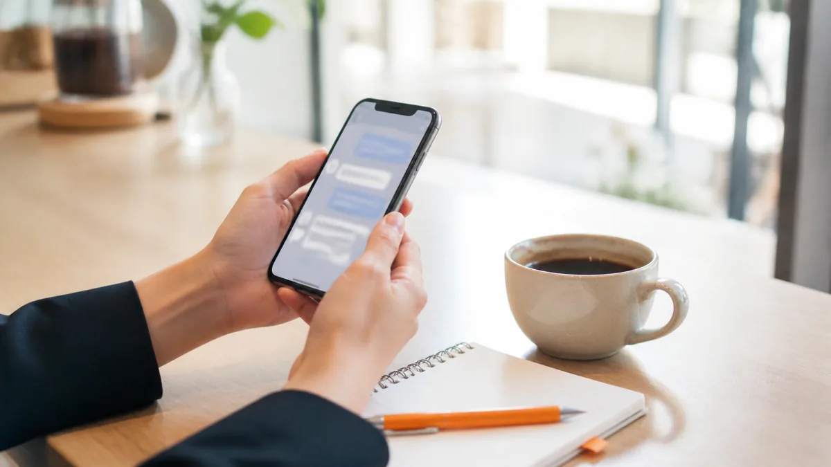 カフェのカウンター席でスマートフォンのAI検索チャット画面を確認する中小企業経営者の手元の写真