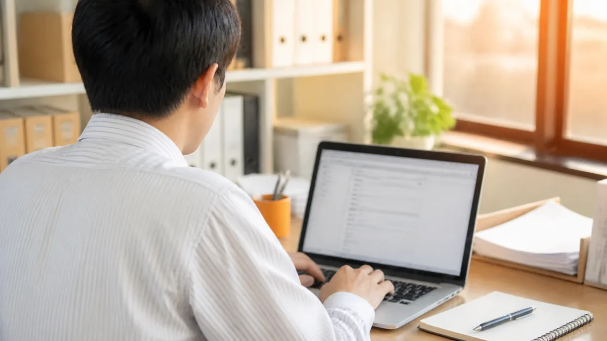 オフィスのデスクでノートPCの自社サイトと構造化データ設定画面を後ろから確認する経営者の写真