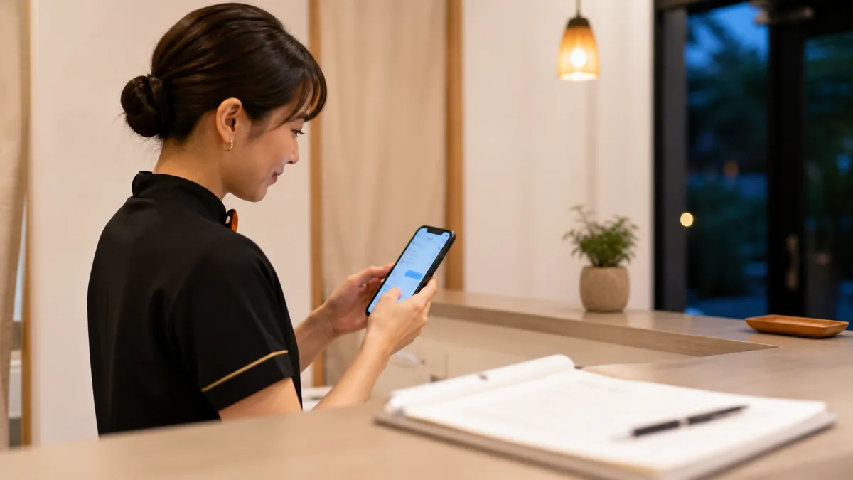 受付カウンターでスマートフォンの問い合わせメッセージを確認する日本人スタッフの写真