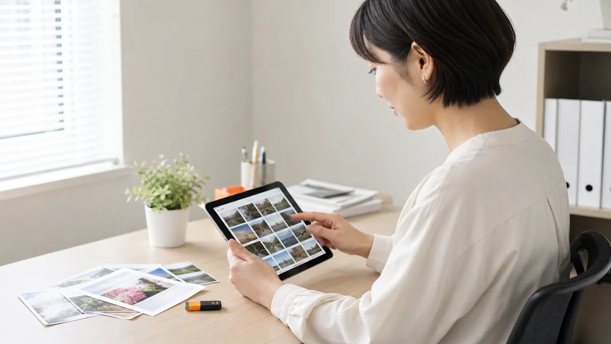 写真データやロゴファイルをタブレットで整理しホームページ制作の素材をまとめる女性