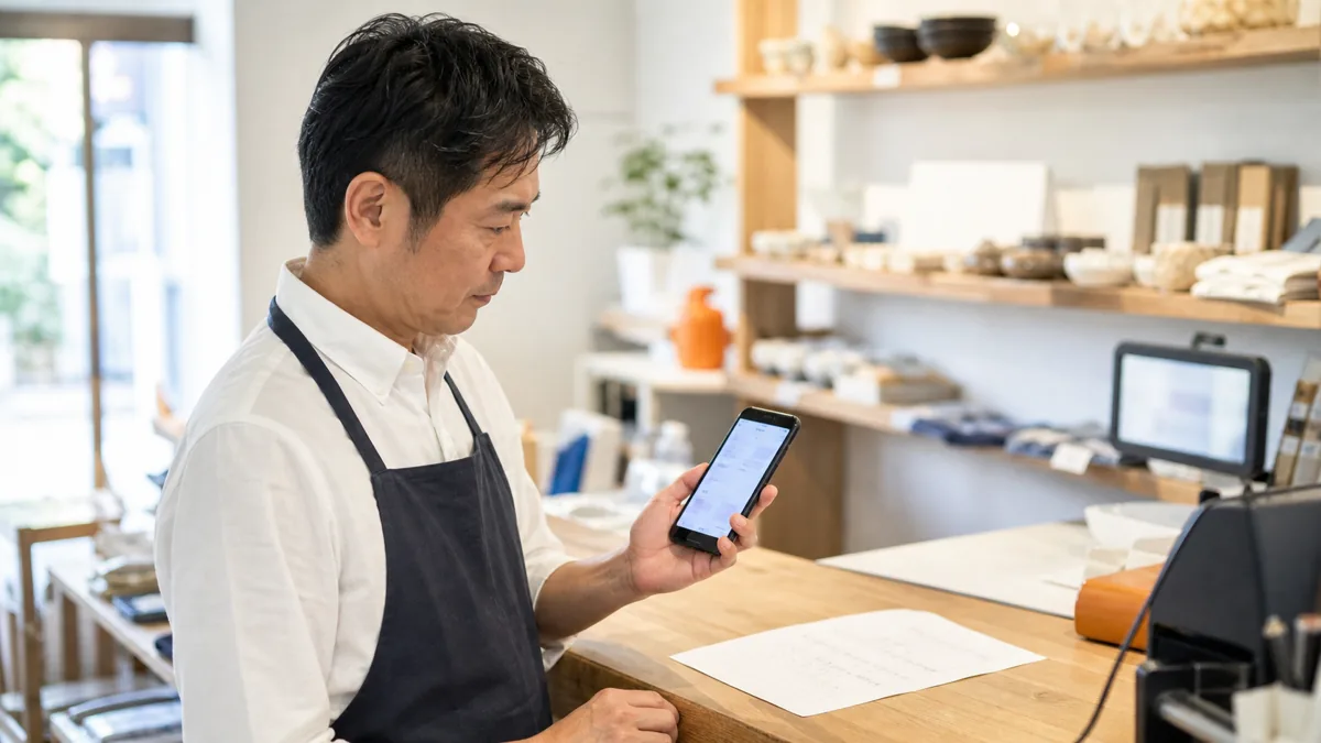 予算メモを見ながらスマートフォンで見積もりを確認する店舗経営者