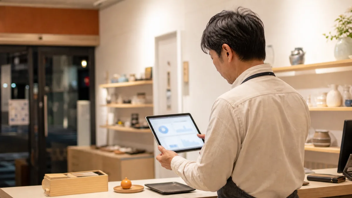 閉店後にタブレットでGoogleビジネスプロフィール写真投稿の効果を確認する店主