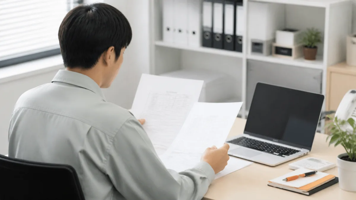 書類とノートパソコンで補助金の申請要件を確認している中小企業経営者の後ろ姿