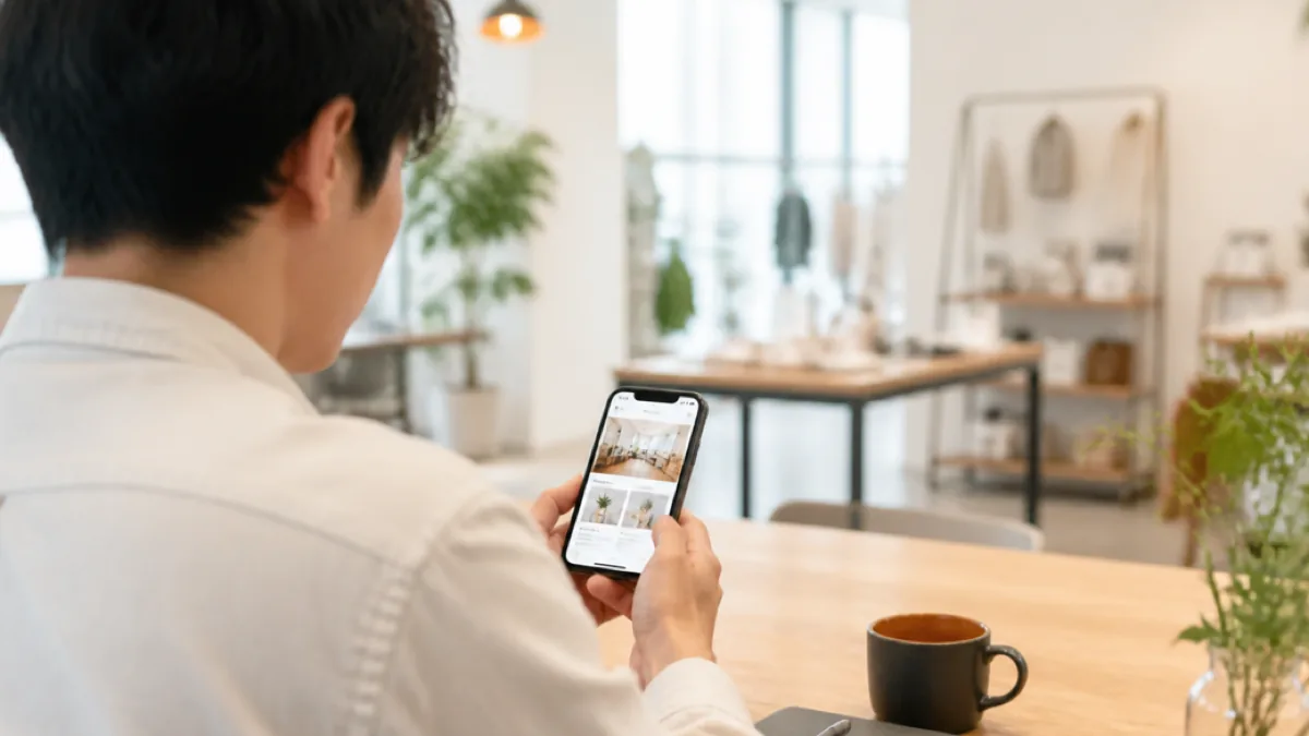 カフェ風のオープンスペースで公開されたばかりのホームページをスマートフォンで確認する経営者の後ろ姿