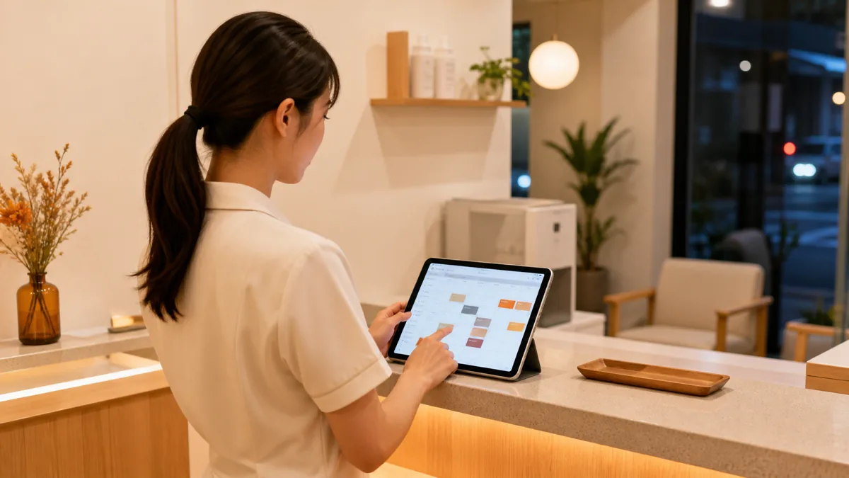 店舗の受付カウンターでスタッフがタブレットの予約管理システムを操作している様子