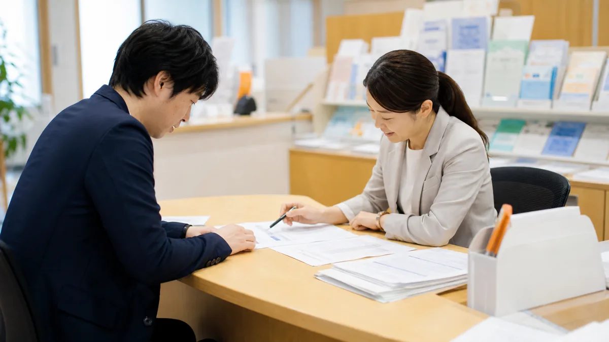 商工会議所の窓口で担当者と申請書類を確認する中小企業経営者の写真