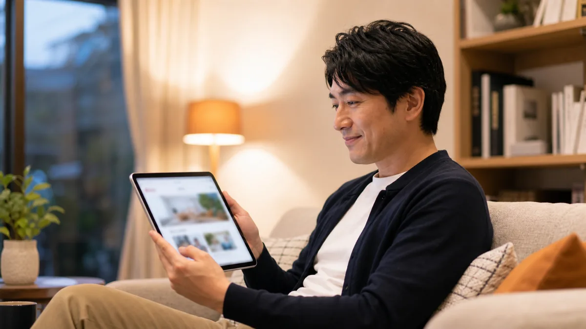 自宅のリビングでタブレットの新しいホームページのプレビューを確認し満足そうな表情を見せる個人事業主の写真