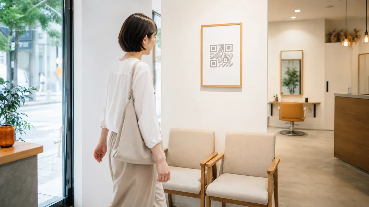 LINE友だち追加店頭ポスターの前を通る美容室の来店客