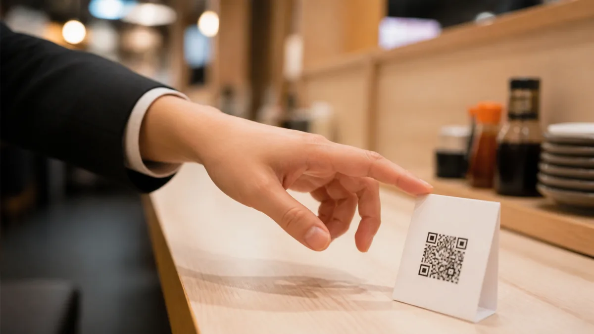 飲食店のテーブルに置かれたQRコード案内カードに手を伸ばす来店客