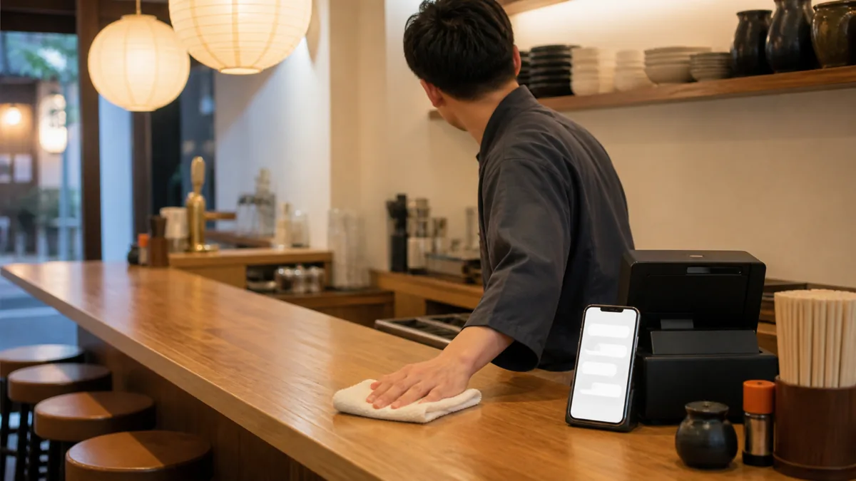 立ち飲み居酒屋のカウンターでスマートフォンを確認する店主の写真