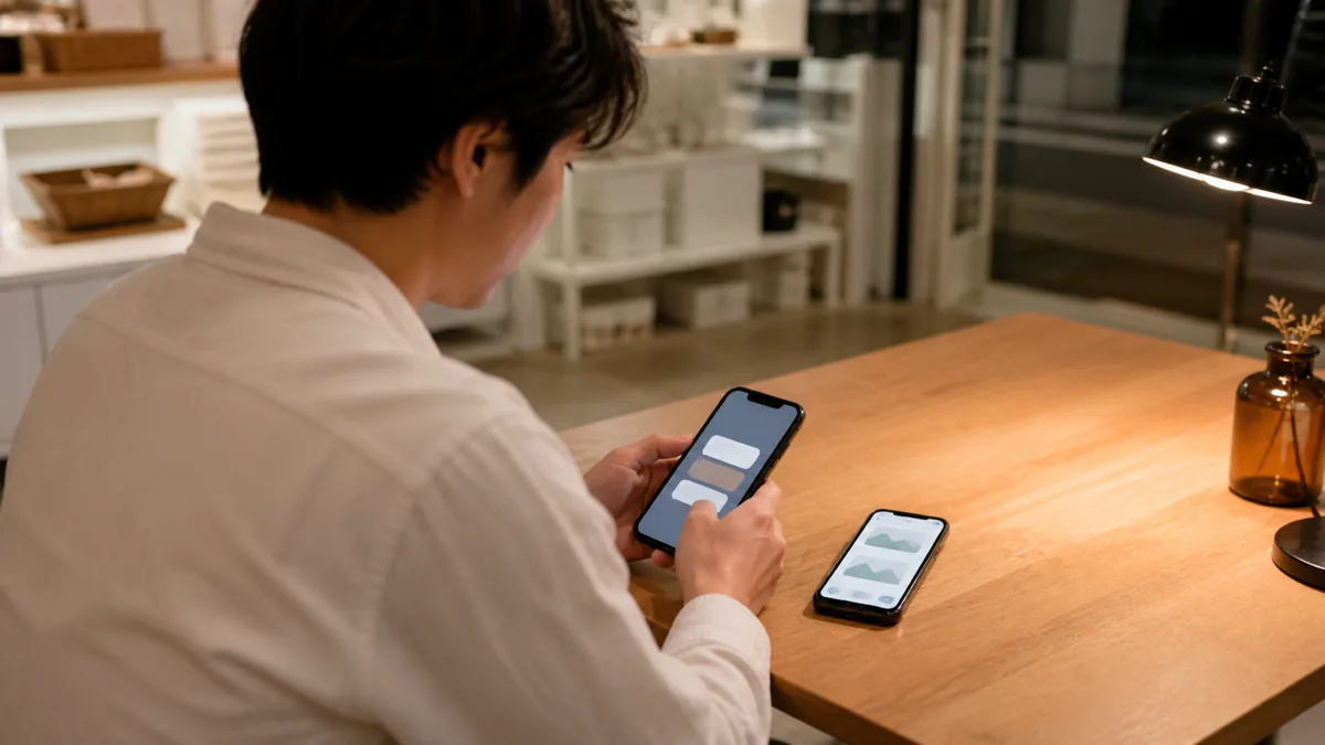 閉店後の店内で2台のスマートフォンを見比べる店主の写真