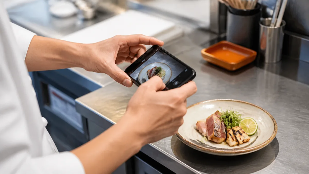 新規開業した飲食店の厨房でスマートフォンを使い料理の写真を撮影する店主の手元