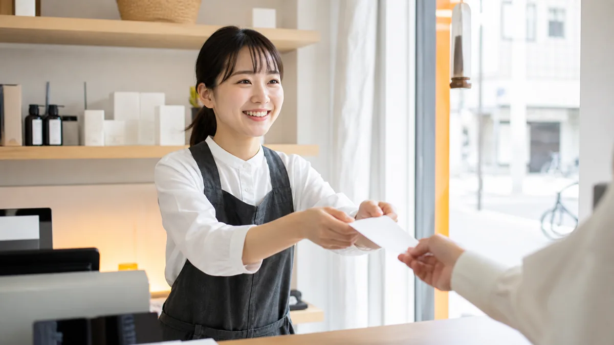 レジカウンターで会計をしながら来店客に声をかける店舗スタッフ