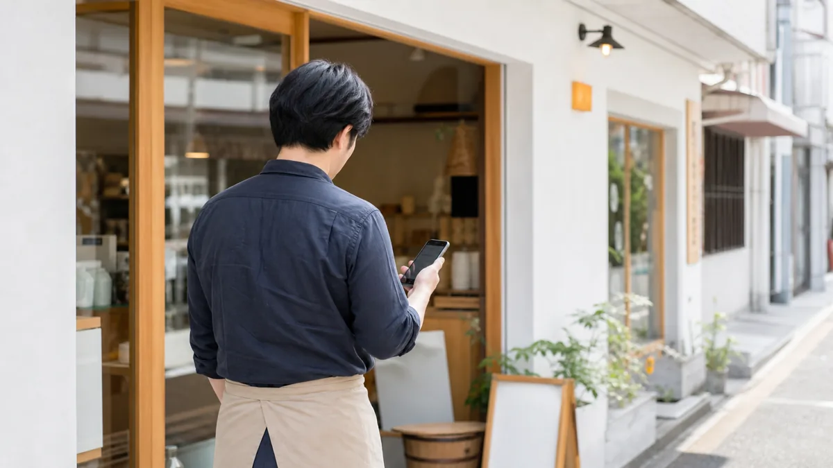店先でスマートフォンを操作しながらホームページの表示を確認する店舗経営者の後ろ姿