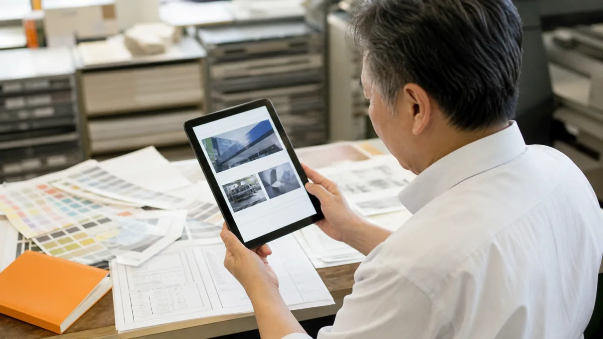 リニューアル後のサイトをタブレットで確認する印刷会社の経営者
