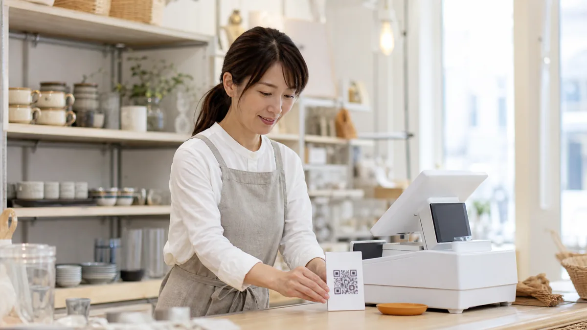 レジ横にLINE公式アカウントのQRコードPOPを設置する雑貨店の女性店主