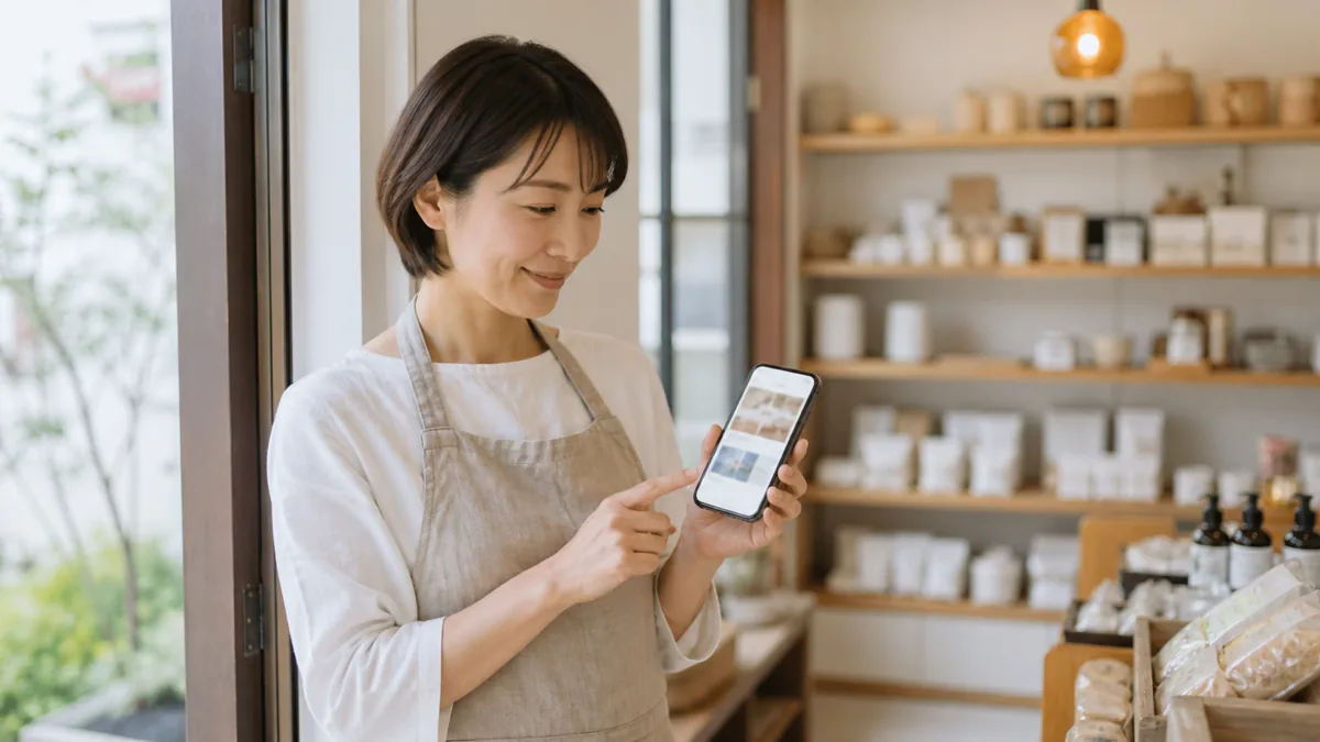 公開したばかりの自社ホームページをスマートフォンで確認する店舗経営者