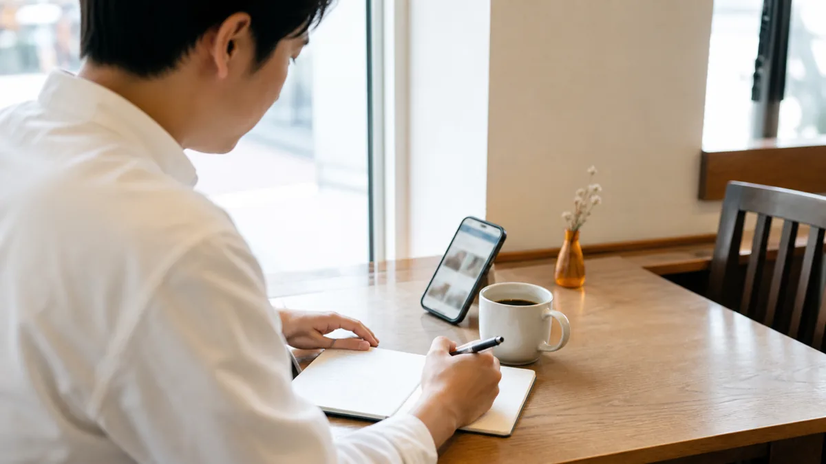 カフェの席で手書きのチェックリストを書き込みながらスマートフォンで自社サイトを確認する店主の写真