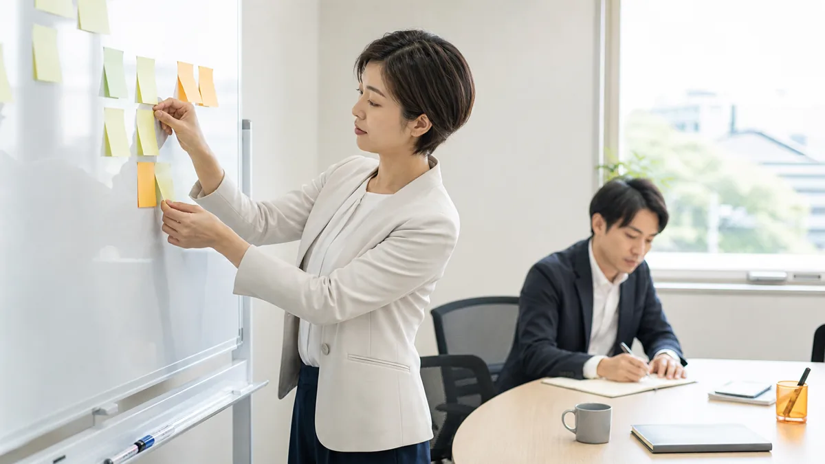 ホワイトボードにネクストアクションを付箋で整理する日本人ビジネスウーマンと同僚