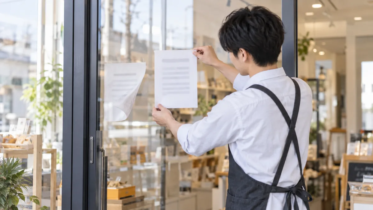 旧住所の案内を新しい住所に貼り替えている店舗スタッフの写真