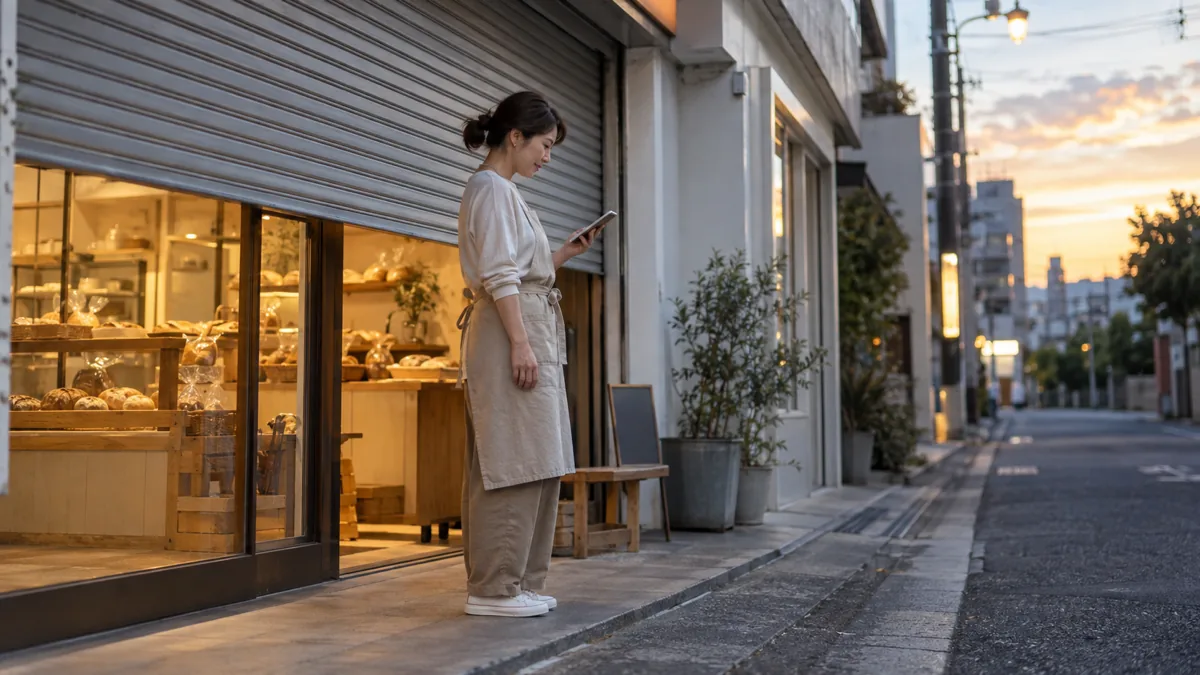 閉店後に店のシャッターを下ろしながらスマートフォンで営業情報を確認するパン屋の女性店主