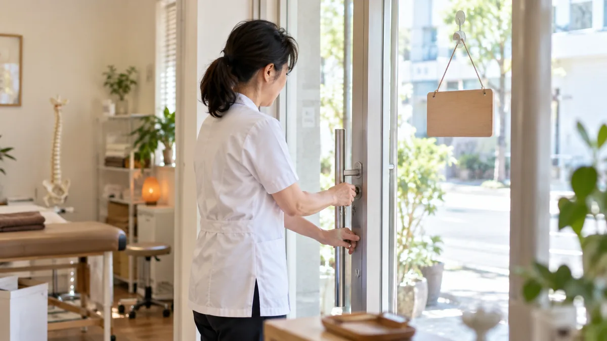 休み明けの朝に整体院のドアを開けて営業再開の準備をする女性施術者
