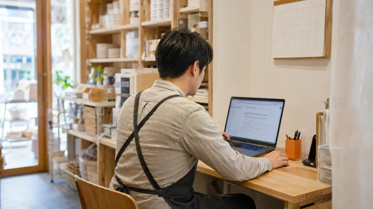 店舗のバックヤードでノートパソコンを操作しGoogleビジネスプロフィールのオーナー確認ステータスを確認するスタッフ