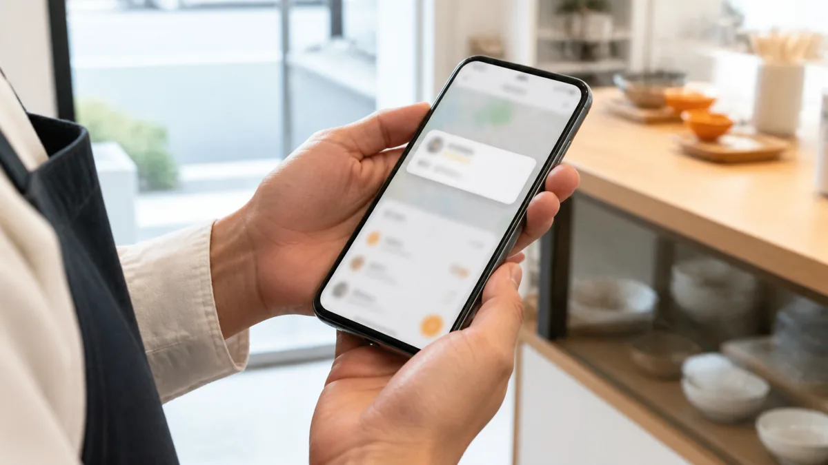 スマートフォンでGoogleビジネスプロフィールの口コミ通知を確認する店舗スタッフの手元