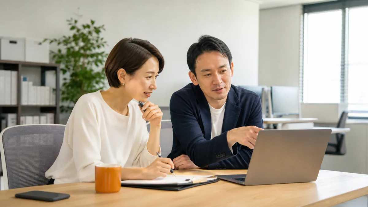 大阪市内のオフィスでGoogleビジネスプロフィールの口コミ対応について相談する日本人の経営者と担当者