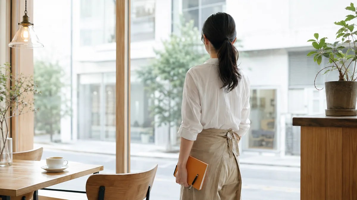 窓際で手を止め落ち着いて考えをまとめている店舗スタッフの後ろ姿