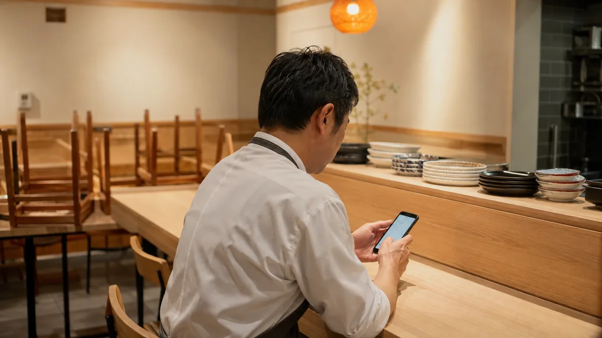 営業後の店内でスマートフォンからGoogle口コミの返信を書いている飲食店オーナーの様子