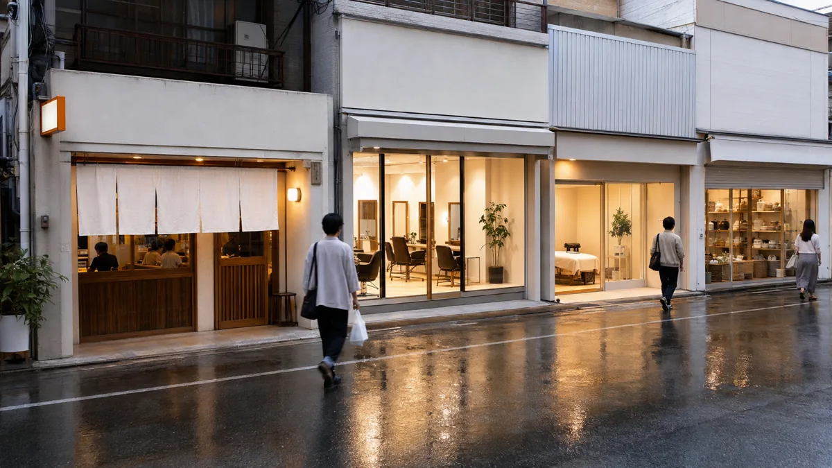 飲食店・美容サロン・整体院・小売店が並ぶ夕方の商店街の情景