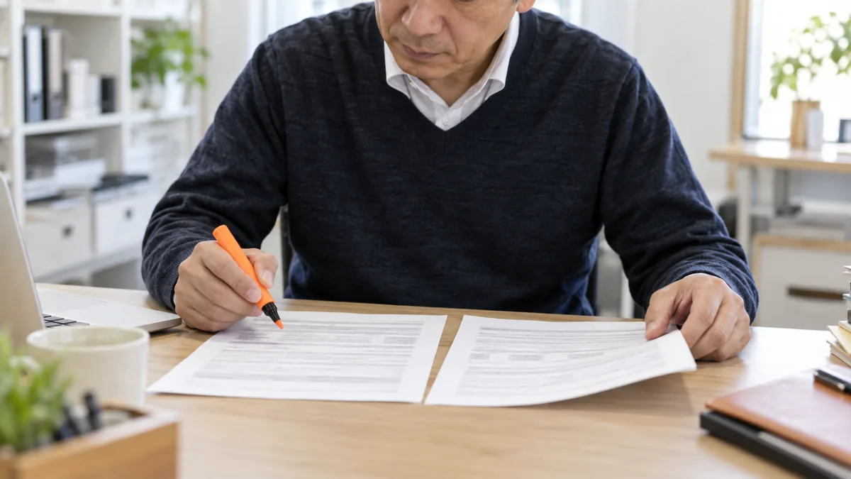 公募要領の印刷資料を手元で見比べながら対象経費の欄を確認している経営者の写真
