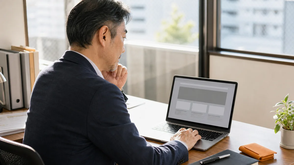 経営コンサルタントの男性が「ホームページ必要か」を考えながらノートパソコンで自社サイトの構成を確認している様子