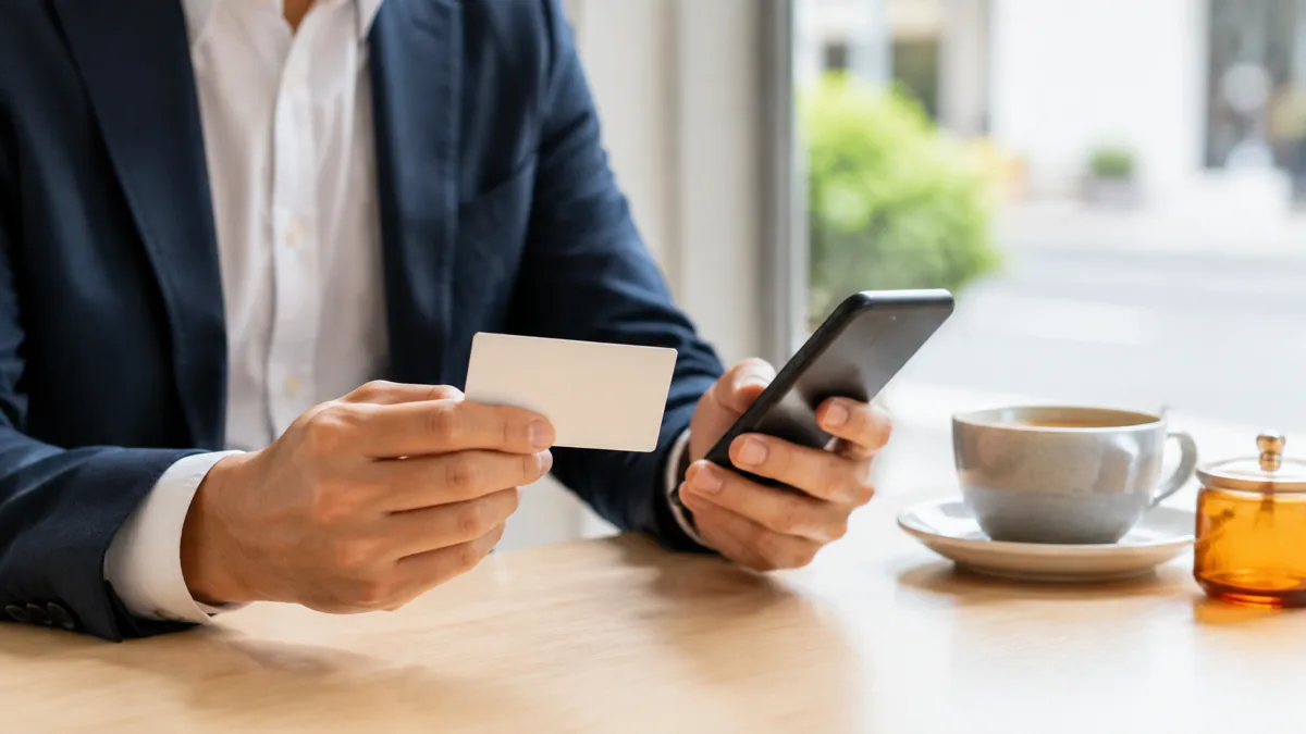 受け取った名刺を手にスマートフォンで会社名を検索している様子