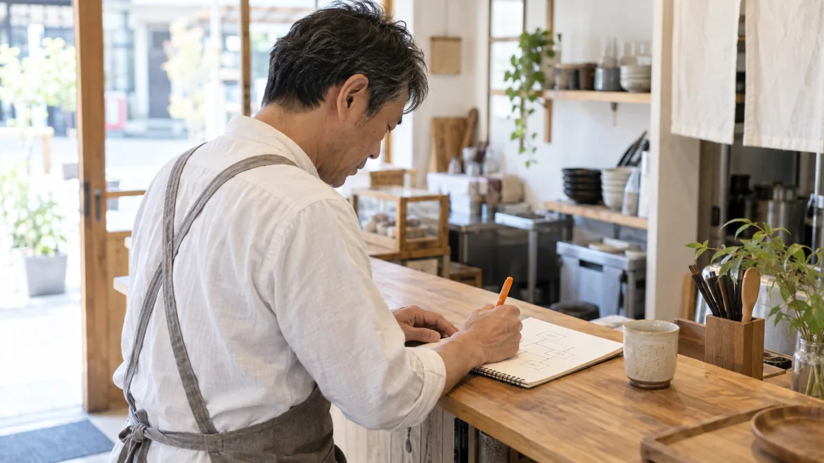 小規模な店舗のカウンターで、店主がノートに今後増やすページの構成メモを書いている様子