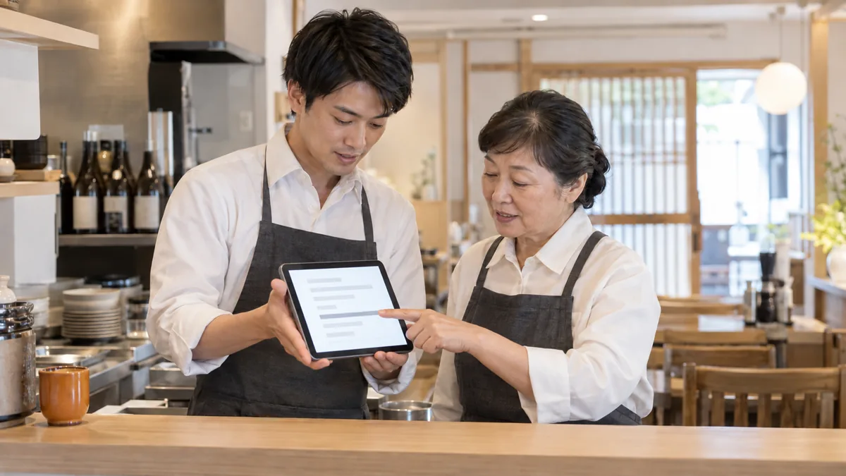 飲食店のカウンターでタブレットの案内文を二人で確認するスタッフ