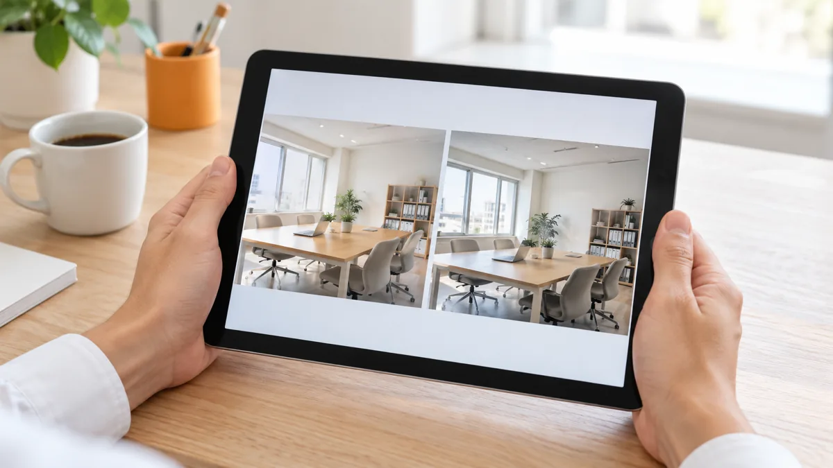タブレット画面でAI生成画像と実際の写真を見比べる手元